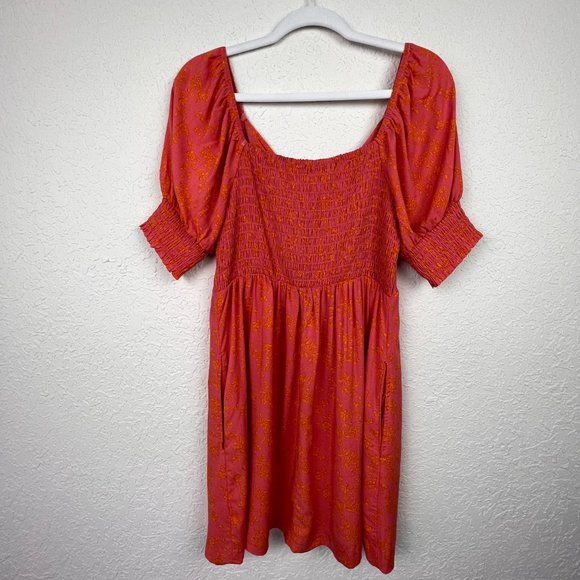 MIMI CHICA Womens L Scoop Neck Floral Smocked Sleeves Dress Pockets - Picture 3 of 9